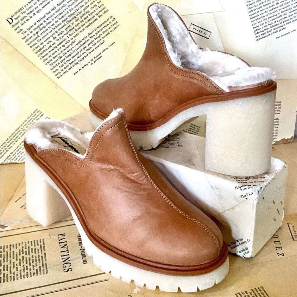 Free People James Mule Tan Faux Fur Lined Leather Crepe Platform Sole